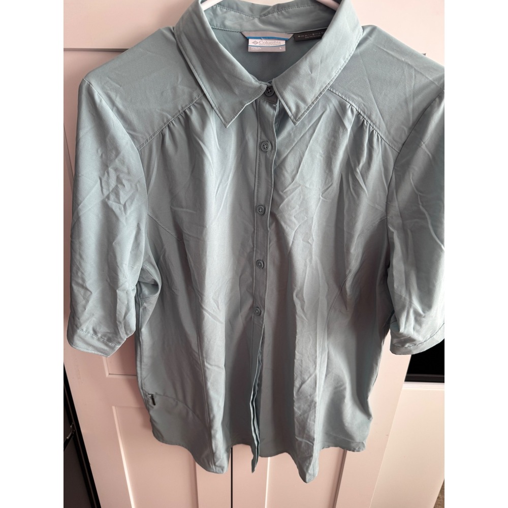 Columbia Omni-Shade Womens Short Sleeve Button Down Shirt Blue Grey Large